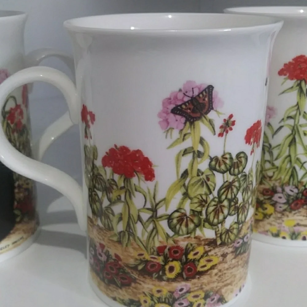 Vintage Black & White Tuxedo Cat Floral Ceramic Mugs SET OF 4